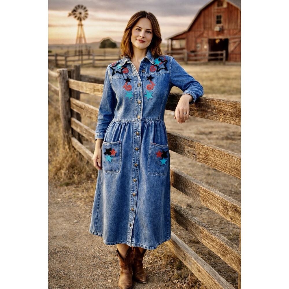 Vintage 90s Western Denim Star Applique Midi Dress Studio 25 Cowgirl Festival M